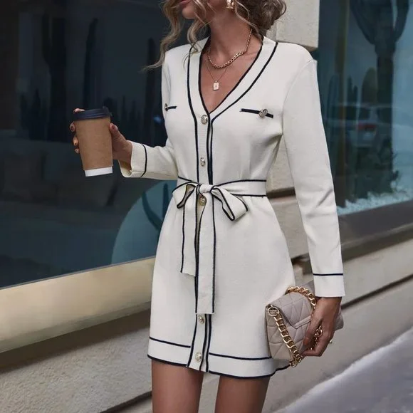 Beige Preppy Womens Contrast Piping Belted Sweater Dress - Picture 5 of 5